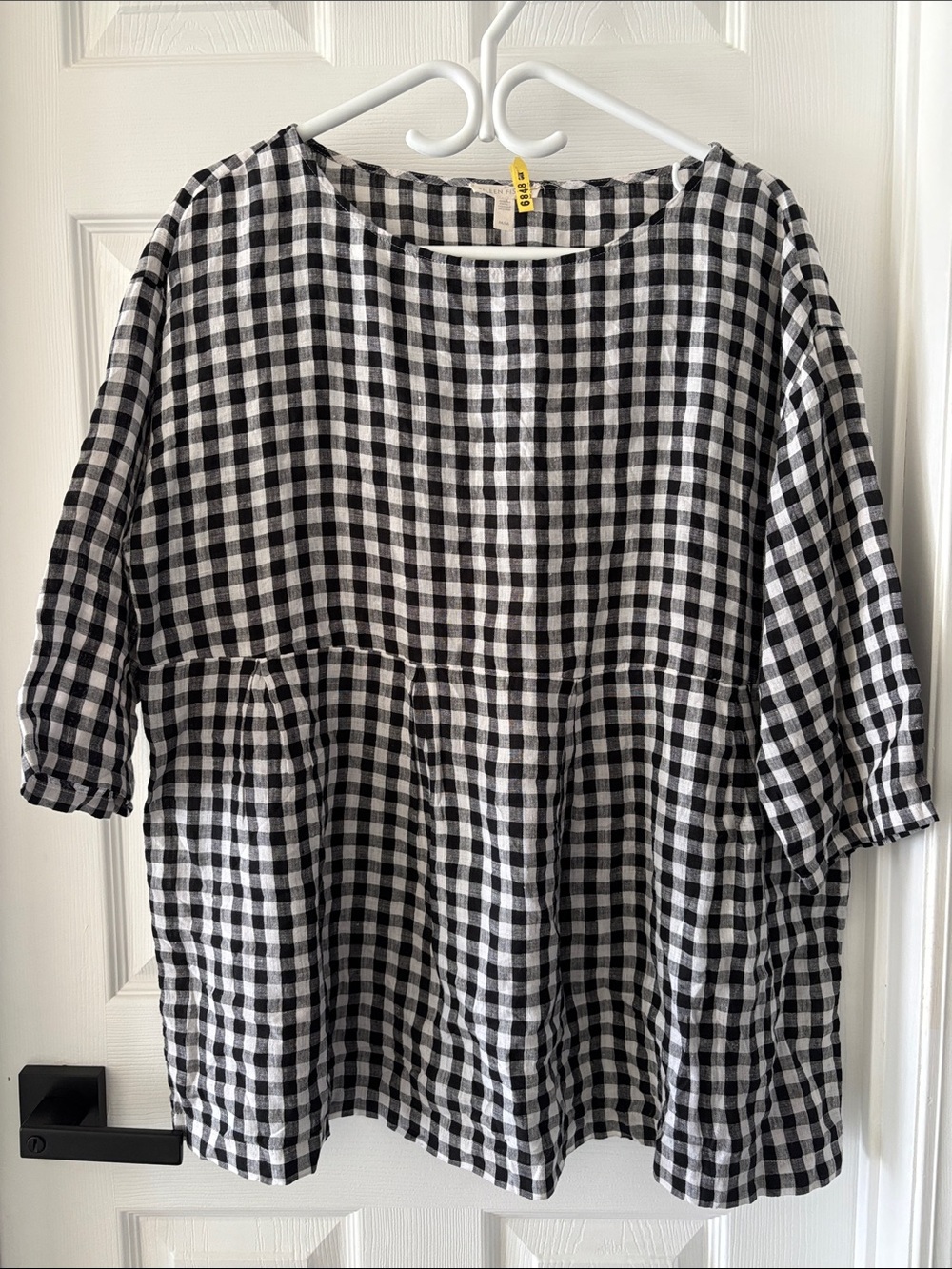 *LIKE NEW* Eileen Fisher Black/White Gingham Peplum Linen Tunic Pullover Top (M)